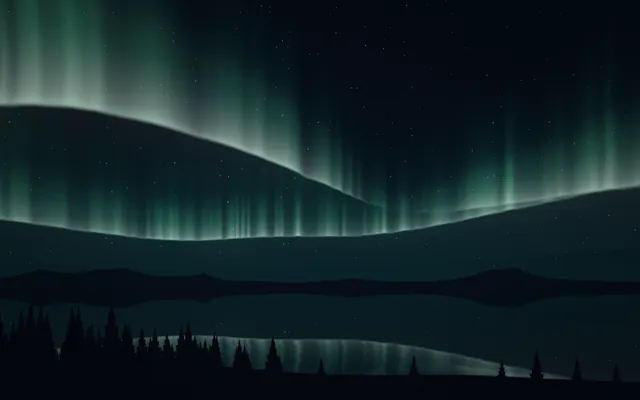 Green aurora curtains arc over dark hills and a still lake, with pine silhouettes along the near shore.