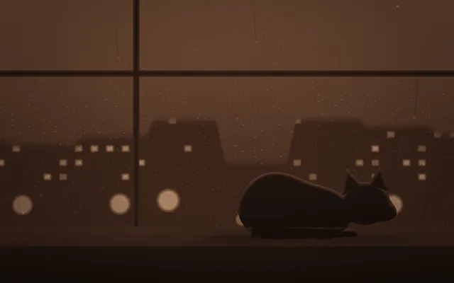 A sleeping cat silhouetted on a windowsill in warm brown tones, with a rainy window and blurred lights behind.