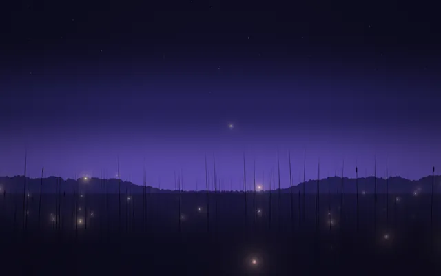 Tall grass in silhouette against a violet dusk sky and a dark tree line, with soft firefly lights among the stalks.