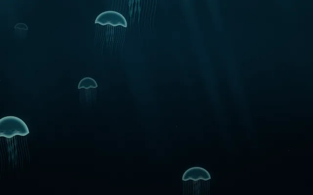 Translucent teal moon jellies with trailing tentacles drift through dark blue-green water under faint light rays.