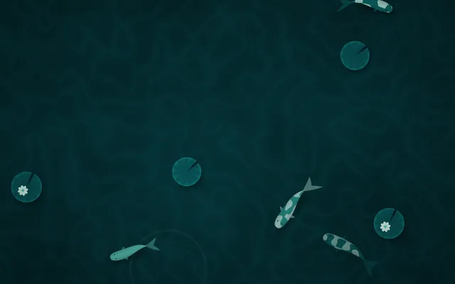 Pale patterned koi swim through dark teal water, seen from above, among round lily pads, two with white flowers.