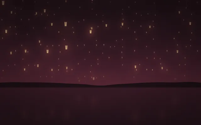 Dozens of glowing paper lanterns rise into a dusky plum sky above a dark shoreline and calm water.