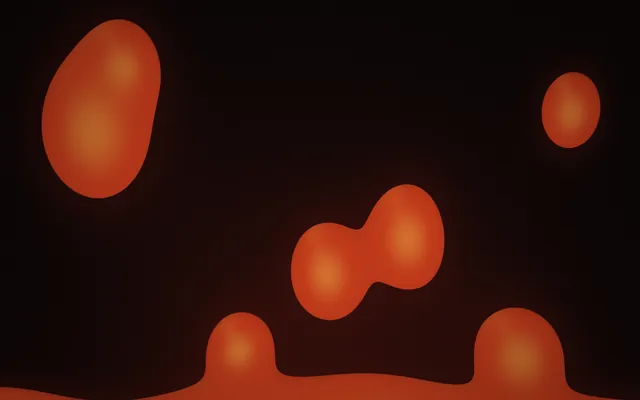 Orange wax blobs float in a black lamp, one pinched into two lobes, above a wavy pool of wax at the bottom.