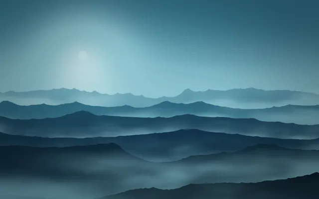 Layered blue mountain ridges fade into fog under a pale sun glowing in the upper left of a teal sky.
