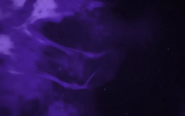 Violet clouds of space dust fill the left half of the frame, fading into a dark sky scattered with stars.