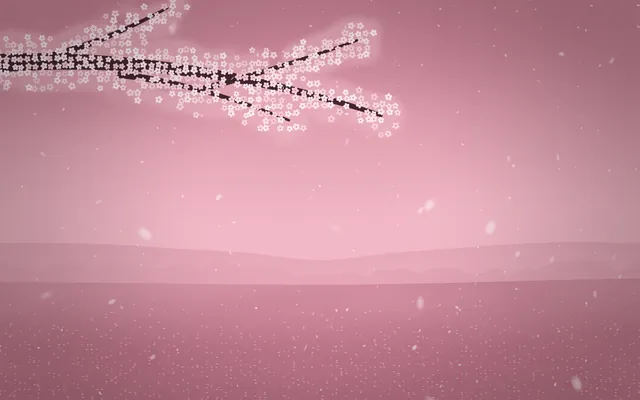 A blossoming cherry branch reaches in from the top left over a soft pink sky, hills and a petal-strewn meadow.