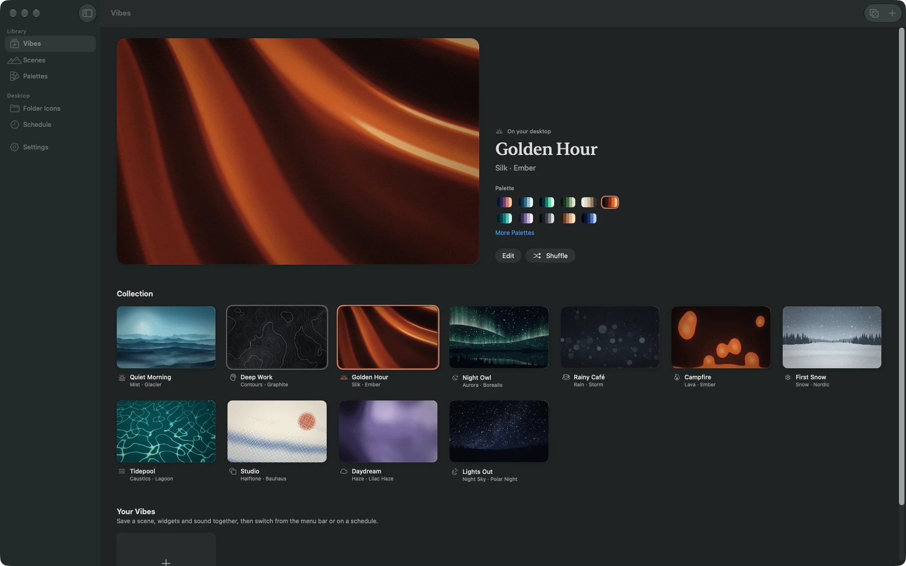 The MacScapes Vibes window, with Golden Hour on the desktop and the built-in collection below