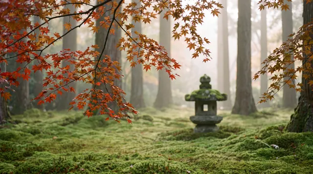 Red maple branches frame a moss-covered stone lantern on a green moss floor among tall trees in morning fog.